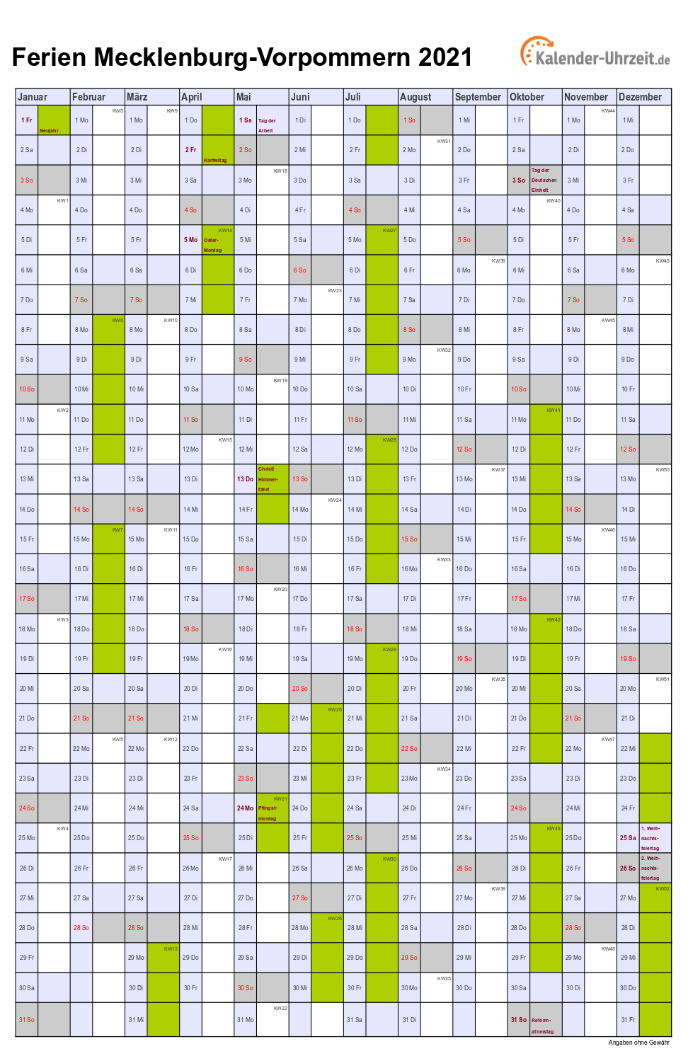 Ferien Meck.-Pomm. 2021 - Ferienkalender zum Ausdrucken