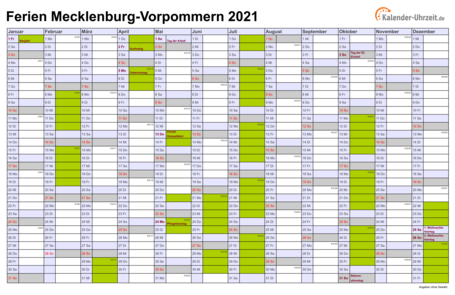 Ferien 2021 Meck.-Pomm. im Kalender - A4 quer-einseitig Ferienkalender 2021 für Meck.-Pomm. - A4 quer-einseitig