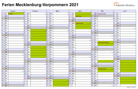 Ferien 2021 Meck.-Pomm. im Kalender - A4 quer-zweiseitig Ferienkalender 2021 für Meck.-Pomm. - A4 quer-zweiseitig