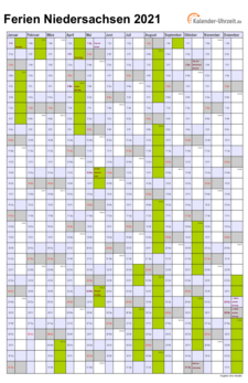 Ferien 2021 Niedersachsen im Kalender - A4 hoch-einseitig Ferienkalender 2021 für Niedersachsen - A4 hoch-einseitig