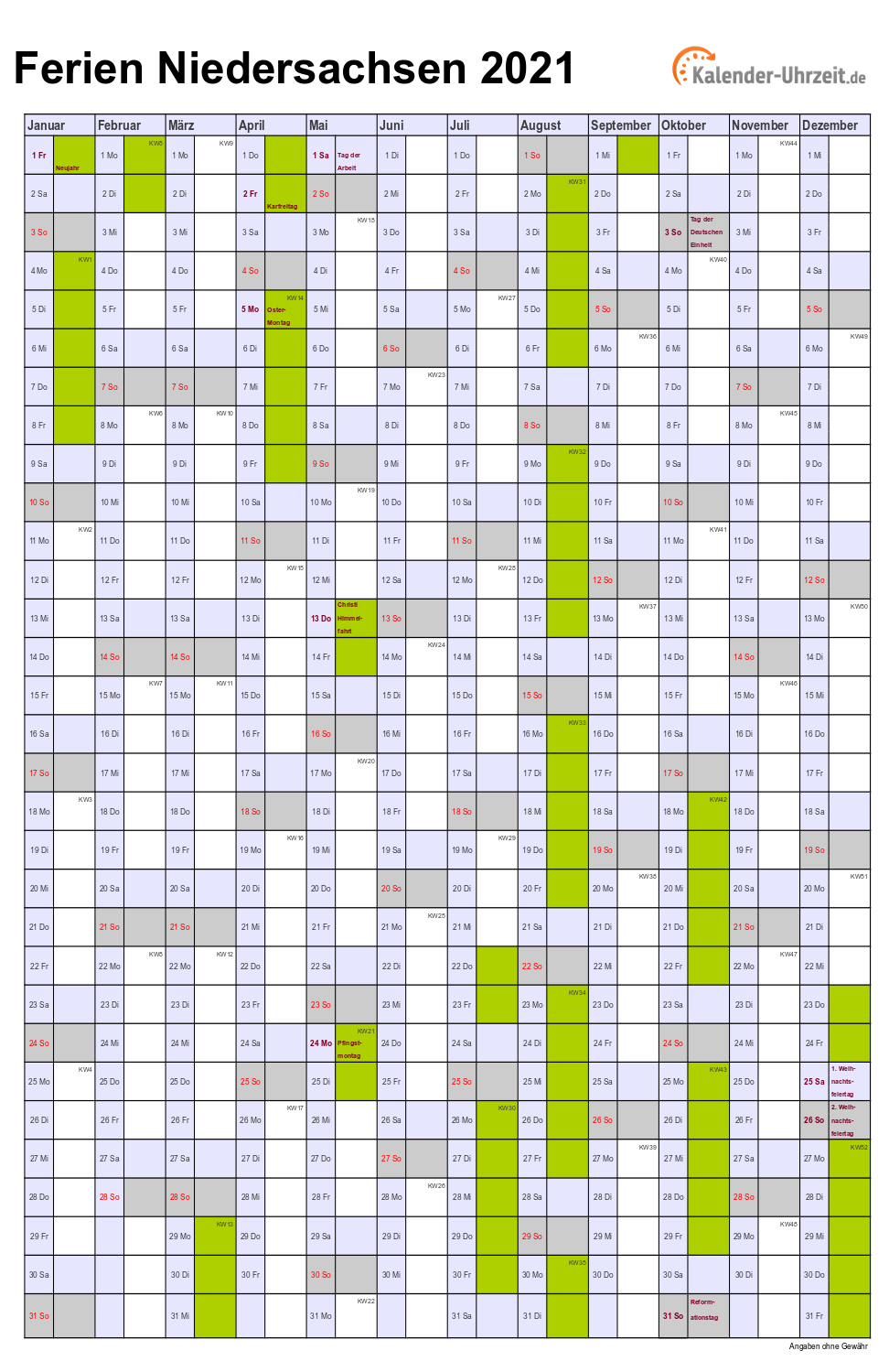 Ferien Niedersachsen 2021 - Ferienkalender zum Ausdrucken