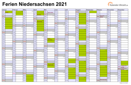Ferien 2021 Niedersachsen im Kalender - A4 quer-einseitig Ferienkalender 2021 für Niedersachsen - A4 quer-einseitig