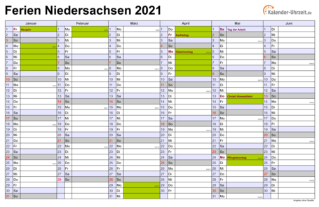 Ferienkalender 2021 für Niedersachsen - A4 quer-zweiseitig
