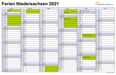 Ferien 2021 Niedersachsen im Kalender - A4 quer-zweiseitig Ferienkalender 2021 für Niedersachsen - A4 quer-zweiseitig