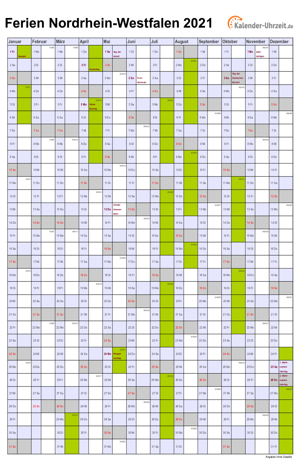 Ferien Nordrhein-Westfalen 2021 - Ferienkalender zum Ausdrucken