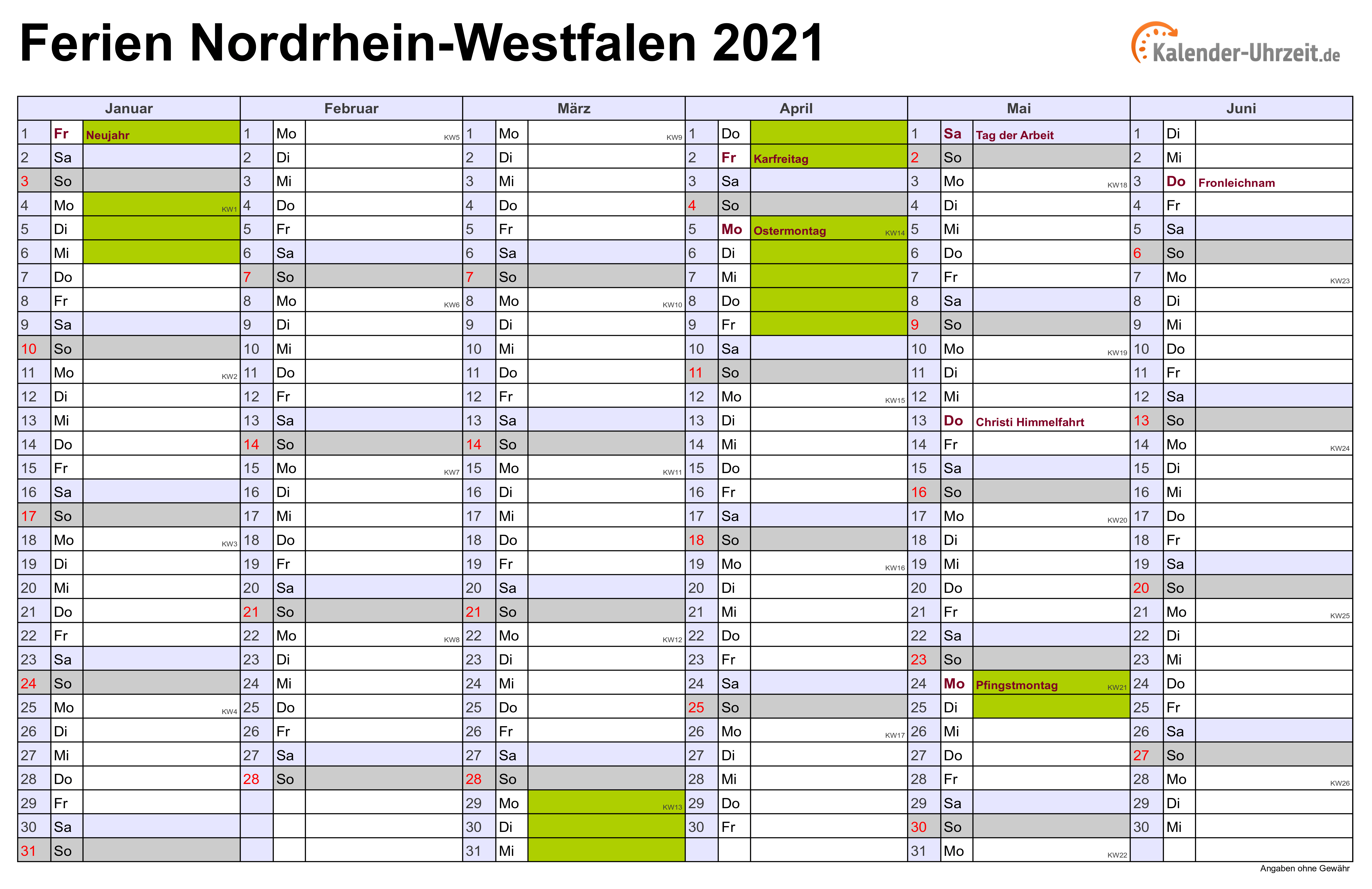 Ferien Nordrhein-Westfalen 2021 - Ferienkalender zum ...