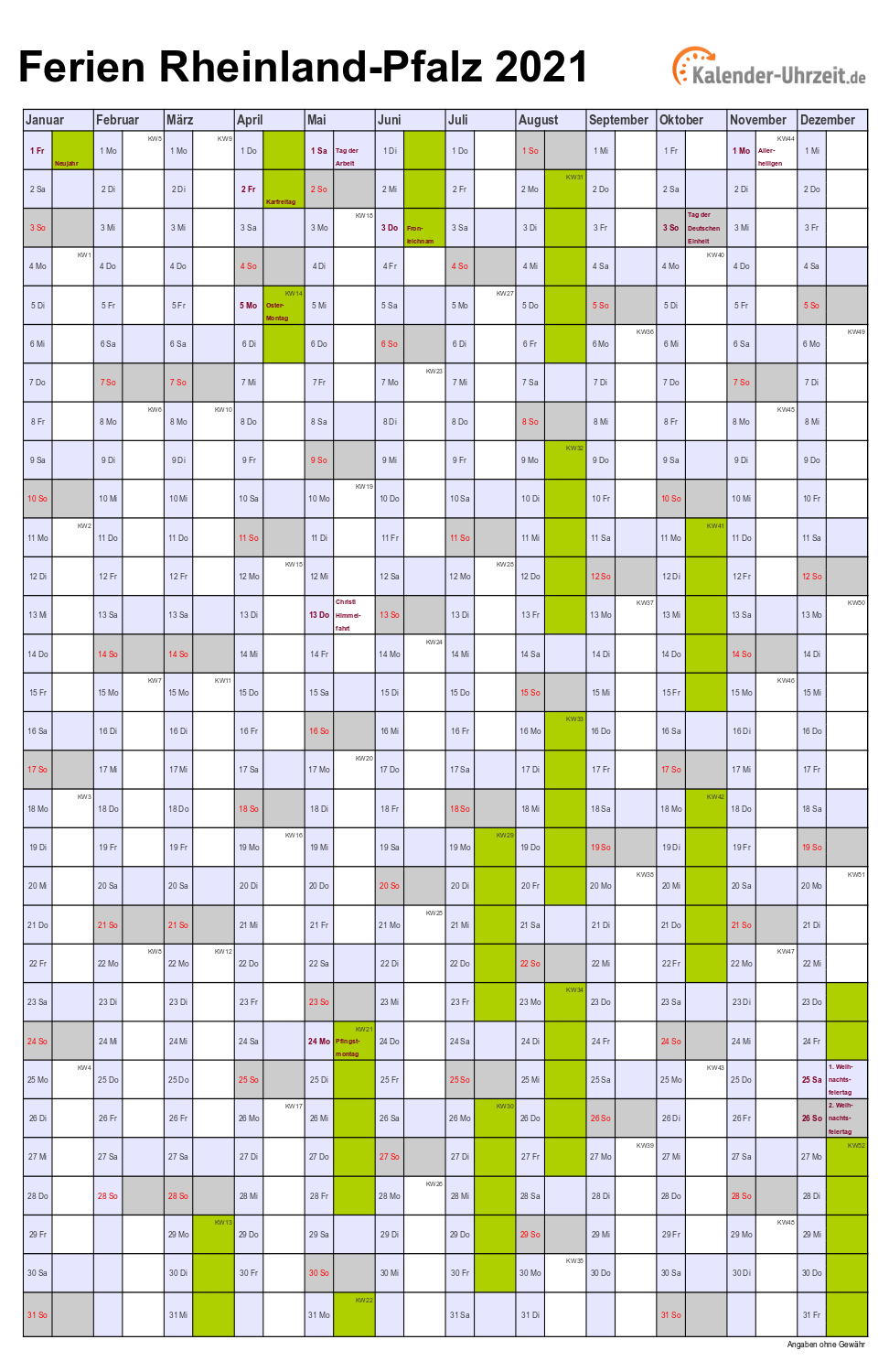 Ferien Rheinland-Pfalz 2021 - Ferienkalender zum Ausdrucken