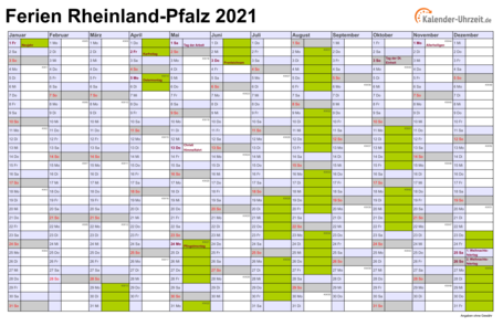 Ferienkalender 2021 für Rheinland-Pfalz - A4 quer-einseitig