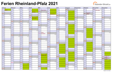 Ferien 2021 Rheinland-Pfalz im Kalender - A4 quer-einseitig Ferienkalender 2021 für Rheinland-Pfalz - A4 quer-einseitig