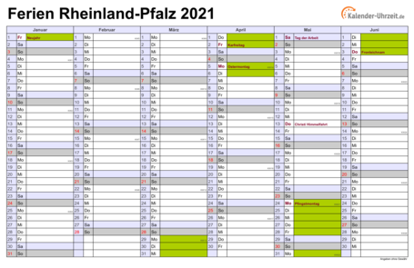 Ferienkalender 2021 für Rheinland-Pfalz - A4 quer-zweiseitig