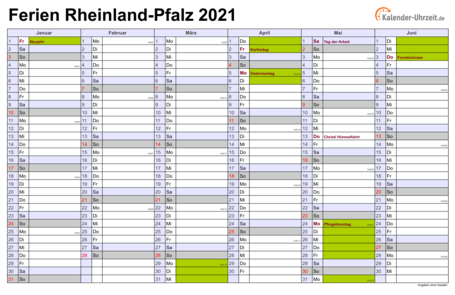 Ferien 2021 Rheinland-Pfalz im Kalender - A4 quer-zweiseitig Ferienkalender 2021 für Rheinland-Pfalz - A4 quer-zweiseitig