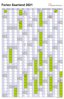 Ferien 2021 Saarland im Kalender - A4 hoch-einseitig Ferienkalender 2021 für Saarland - A4 hoch-einseitig