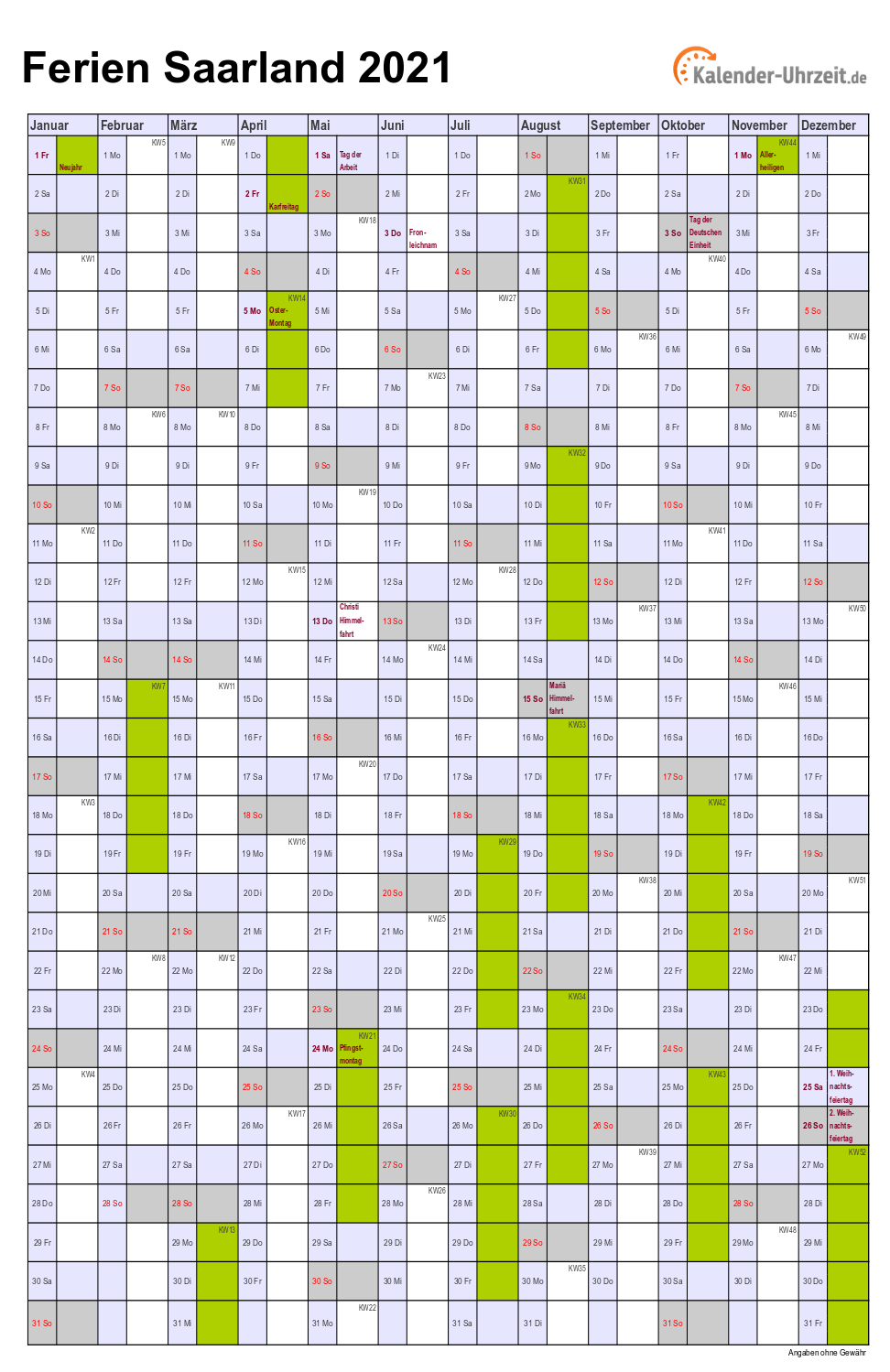 Ferien Saarland 2021 - Ferienkalender zum Ausdrucken