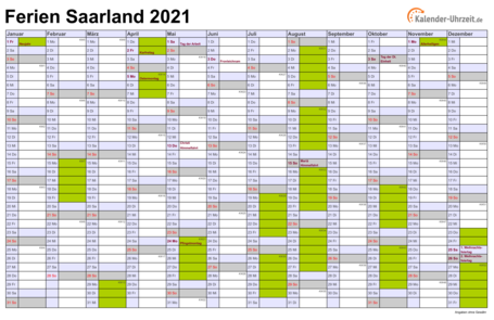 Ferienkalender 2021 für Saarland - A4 quer-einseitig