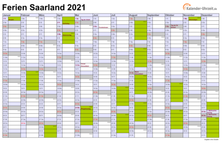 Ferien 2021 Saarland im Kalender - A4 quer-einseitig Ferienkalender 2021 für Saarland - A4 quer-einseitig