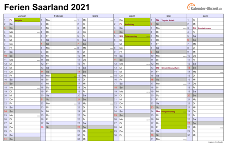 Ferienkalender 2021 für Saarland - A4 quer-zweiseitig