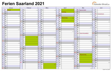 Ferien 2021 Saarland im Kalender - A4 quer-zweiseitig Ferienkalender 2021 für Saarland - A4 quer-zweiseitig