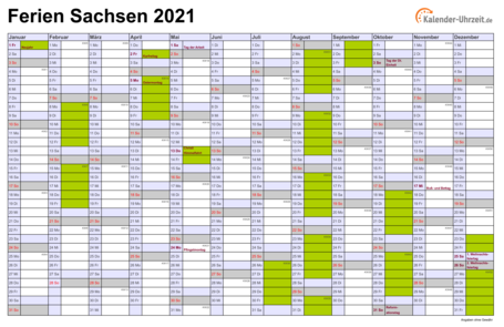 Ferienkalender 2021 für Sachsen - A4 quer-einseitig