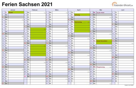 Ferienkalender 2021 für Sachsen - A4 quer-zweiseitig