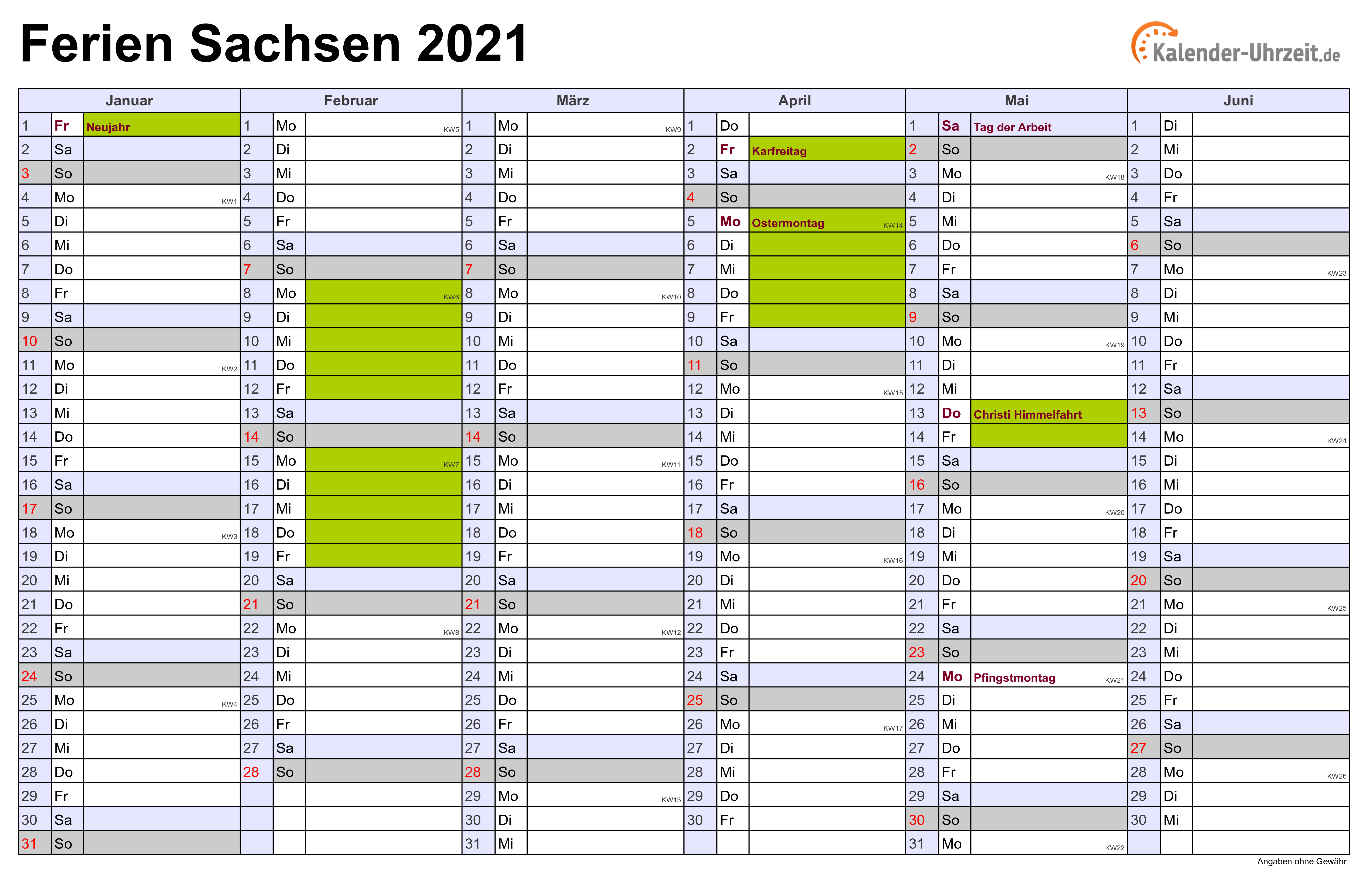 Ferien Sachsen 2021 - Ferienkalender zum Ausdrucken