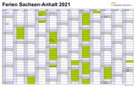Ferien 2021 Sachsen-Anhalt im Kalender - A4 quer-einseitig Ferienkalender 2021 für Sachsen-Anhalt - A4 quer-einseitig