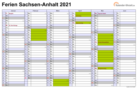 Ferienkalender 2021 für Sachsen-Anhalt - A4 quer-zweiseitig