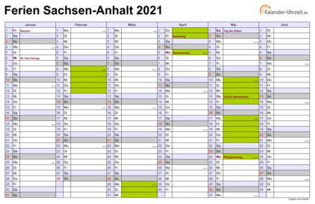 Ferien 2021 Sachsen-Anhalt im Kalender - A4 quer-zweiseitig Ferienkalender 2021 für Sachsen-Anhalt - A4 quer-zweiseitig