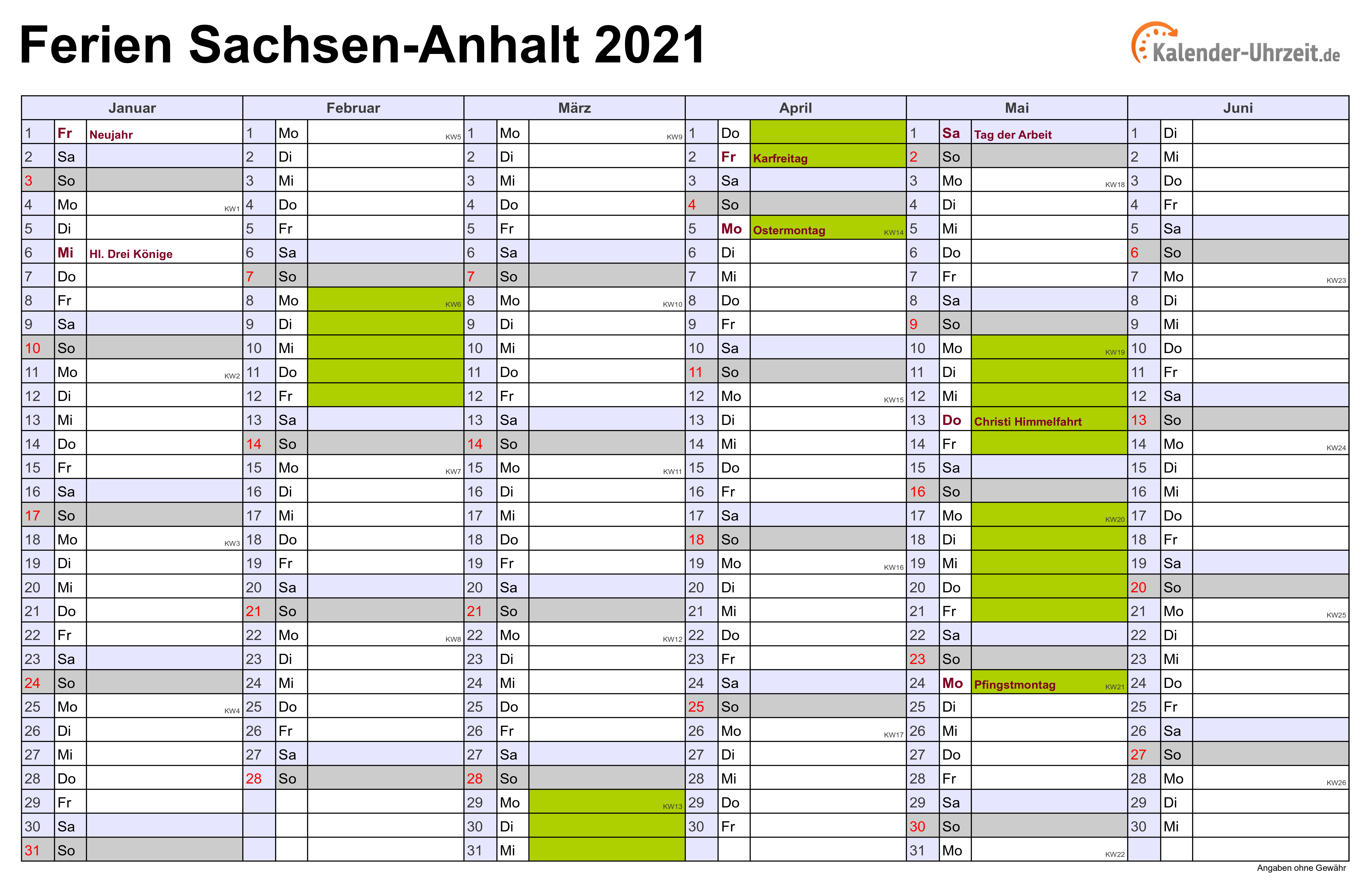 Ferien Sachsen-Anhalt 2021 - Ferienkalender zum Ausdrucken