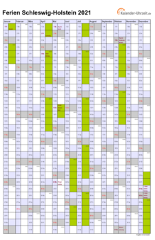 Ferienkalender 2021 für Schleswig-Holstein - A4 hoch-einseitig