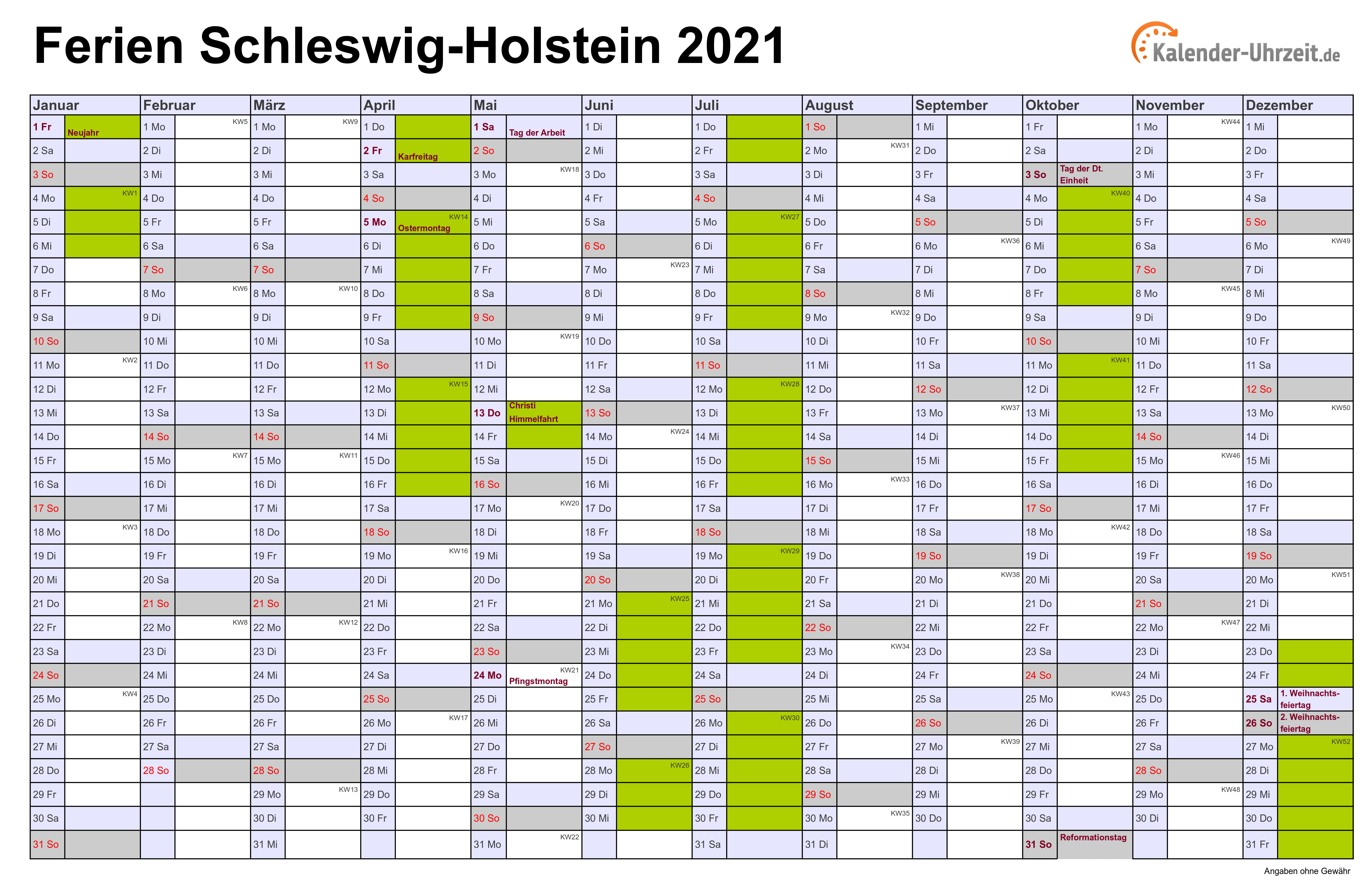 Ferien Schleswig-Holstein 2021 - Ferienkalender zum Ausdrucken