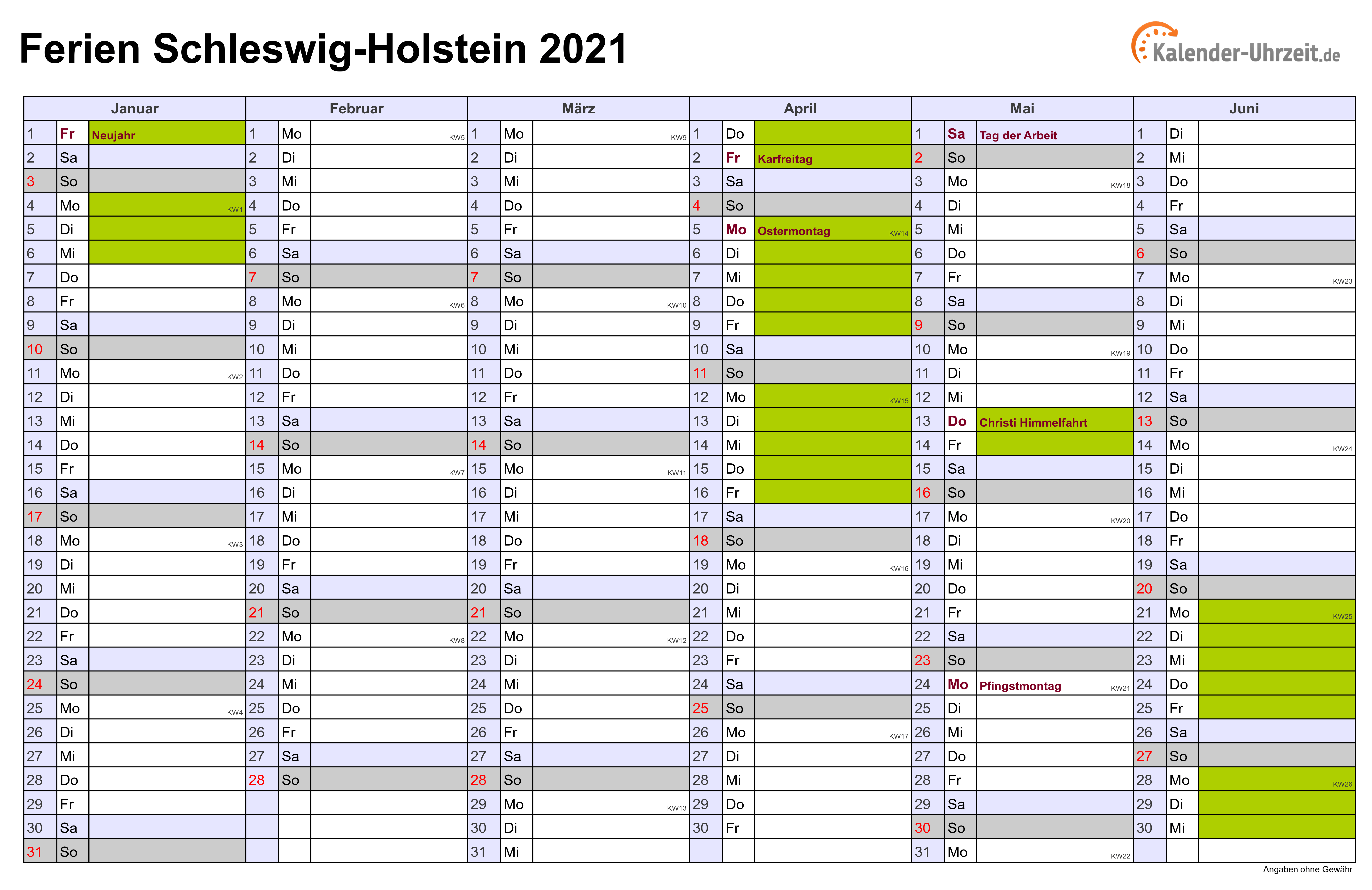 Ferien Schleswig-Holstein 2021 - Ferienkalender zum Ausdrucken
