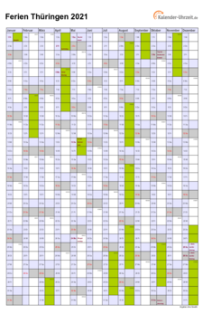 Ferienkalender 2021 für Thüringen - A4 hoch-einseitig