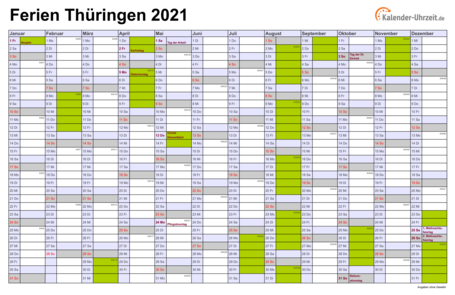 Ferienkalender 2021 für Thüringen - A4 quer-einseitig