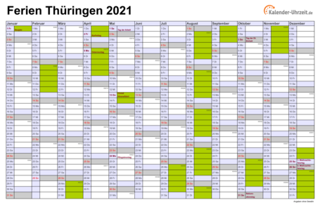 Ferien Thüringen 2021 - Ferienkalender zum Ausdrucken