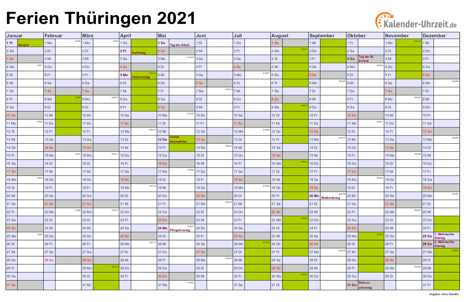 Kalender 2021 Thüringen Mit Ferien Und Feiertagen ...