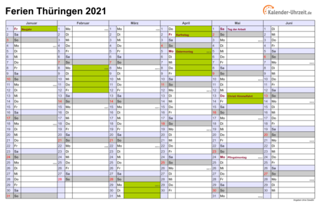 Ferienkalender 2021 für Thüringen - A4 quer-zweiseitig