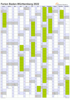 Ferienkalender 2022 für Baden-Württemberg - A4 hoch-einseitig