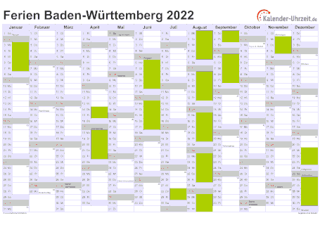 Ferienkalender 2022 für Baden-Württemberg - A4 quer-einseitig
