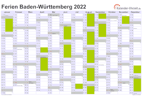 Ferien 2022 Baden-Württemberg im Kalender - A4 quer-einseitig Ferienkalender 2022 für Baden-Württemberg - A4 quer-einseitig