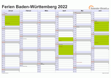 Ferienkalender 2022 für Baden-Württemberg - A4 quer-zweiseitig