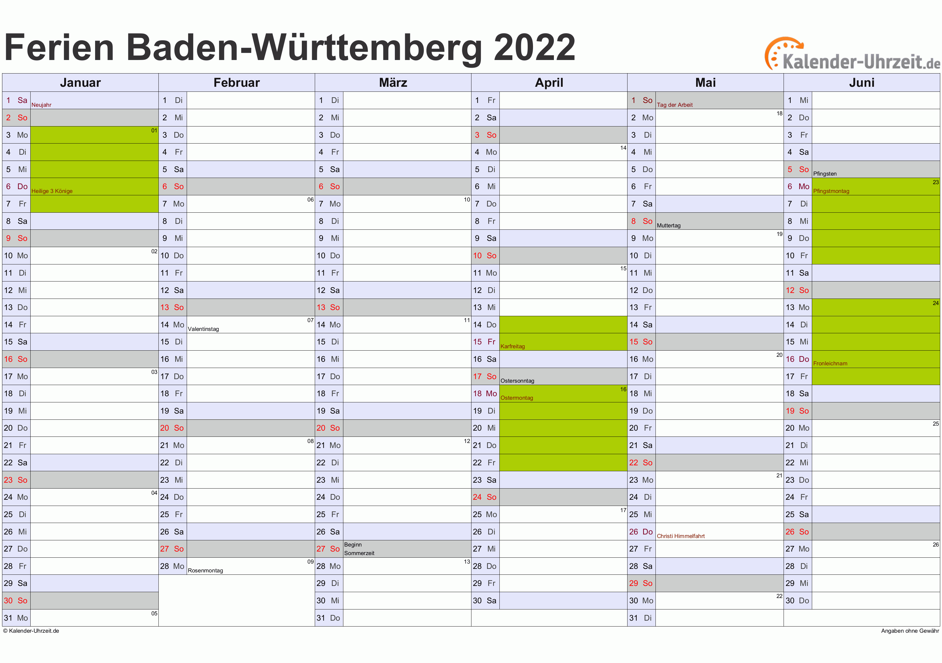 Ferien Baden-Württemberg 2022 - Ferienkalender zum Ausdrucken