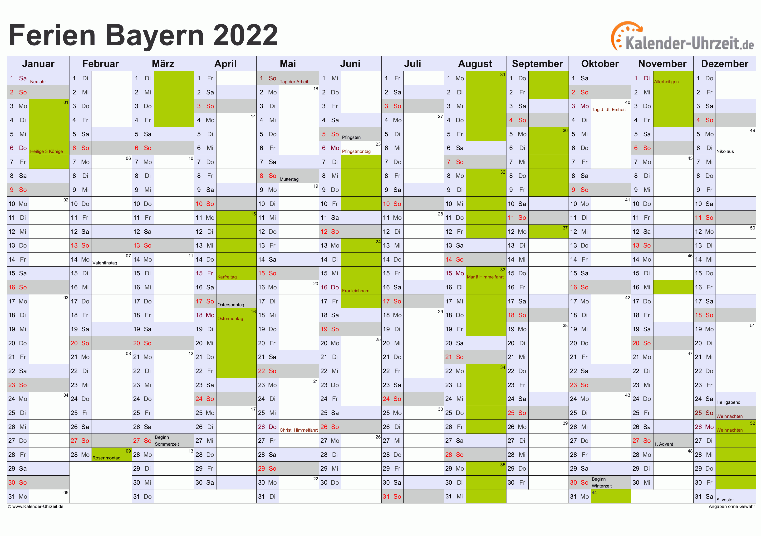 Ferien Bayern 20   Ferienkalender zum Ausdrucken