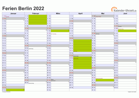 Ferienkalender 2022 für Berlin - A4 quer-zweiseitig