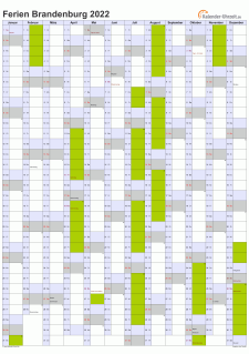 Ferienkalender 2022 für Brandenburg - A4 hoch-einseitig
