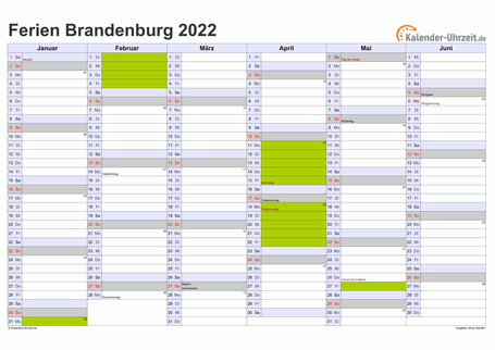 Ferien 2022 Brandenburg im Kalender - A4 quer-zweiseitig Ferienkalender 2022 für Brandenburg - A4 quer-zweiseitig