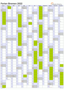 Ferienkalender 2022 für Bremen - A4 hoch-einseitig