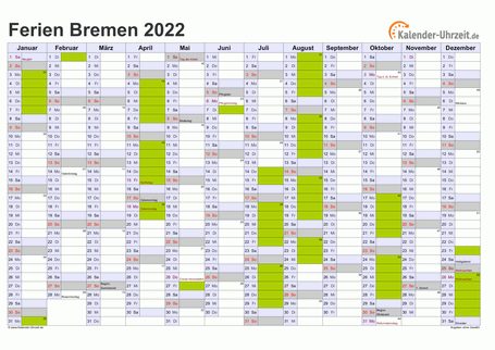 Ferienkalender 2022 für Bremen - A4 quer-einseitig