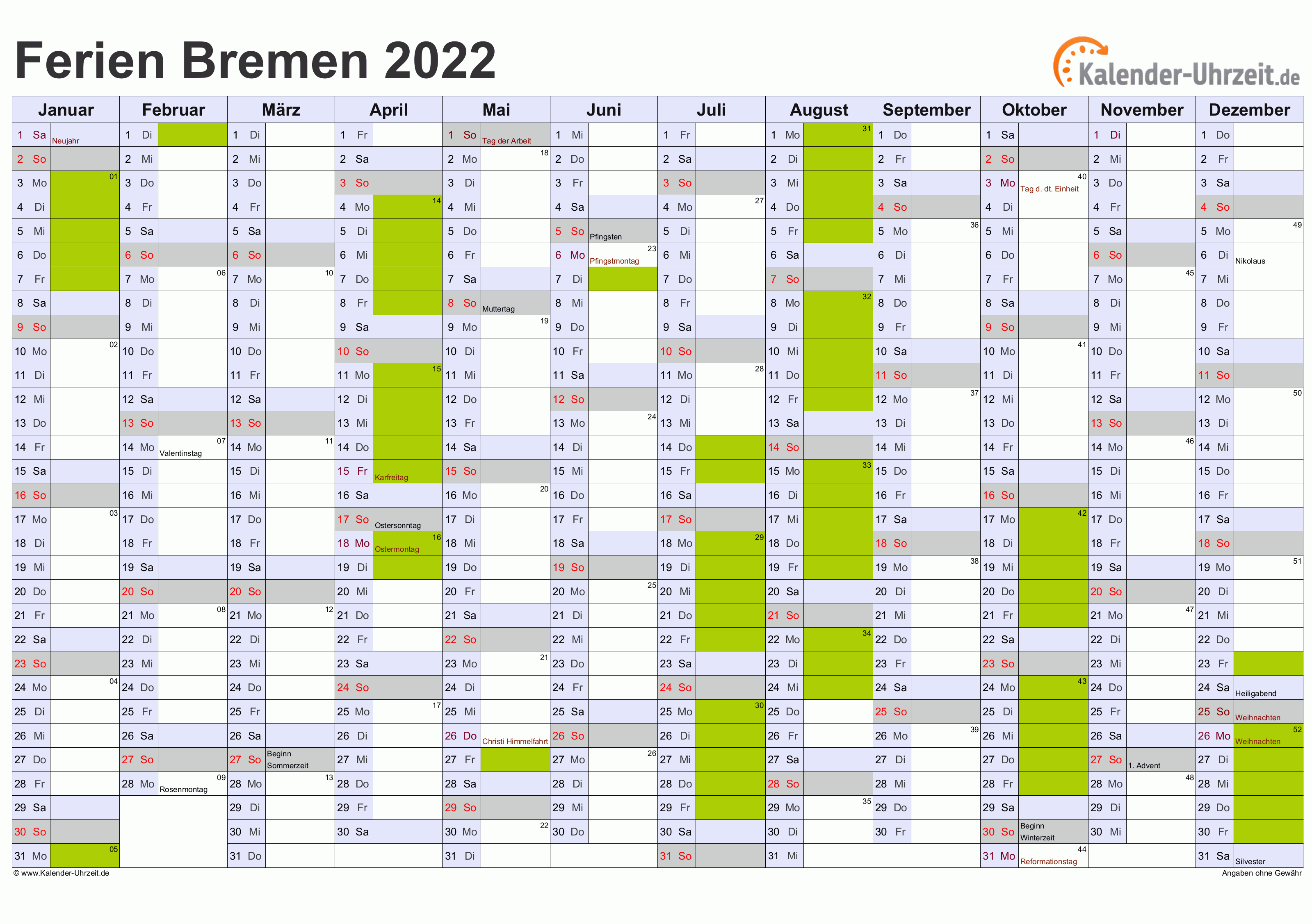  Ferien  Bremen 2022  Ferienkalender zum  Ausdrucken 
