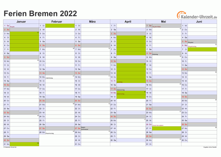 Ferienkalender 2022 für Bremen - A4 quer-zweiseitig