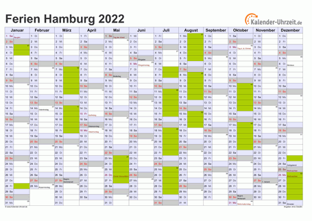 Ferienkalender 2022 für Hamburg - A4 quer-einseitig